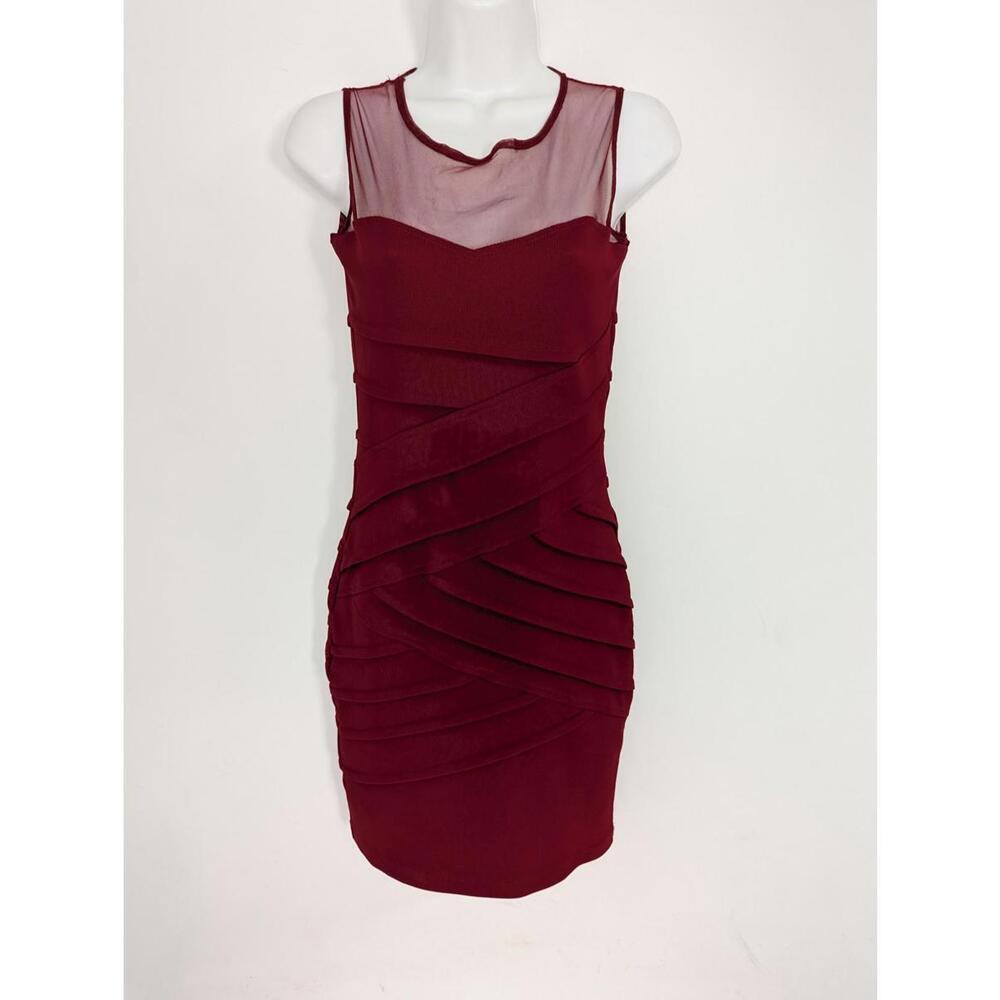 Miss Sandro Mini Burgundy Dress Sheer Mesh Neckline Bodycon Cocktail Party